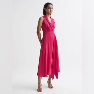 REISS CLAIRE PLEATED FITTED MIDI DRESS PINK SIZE 4 $385